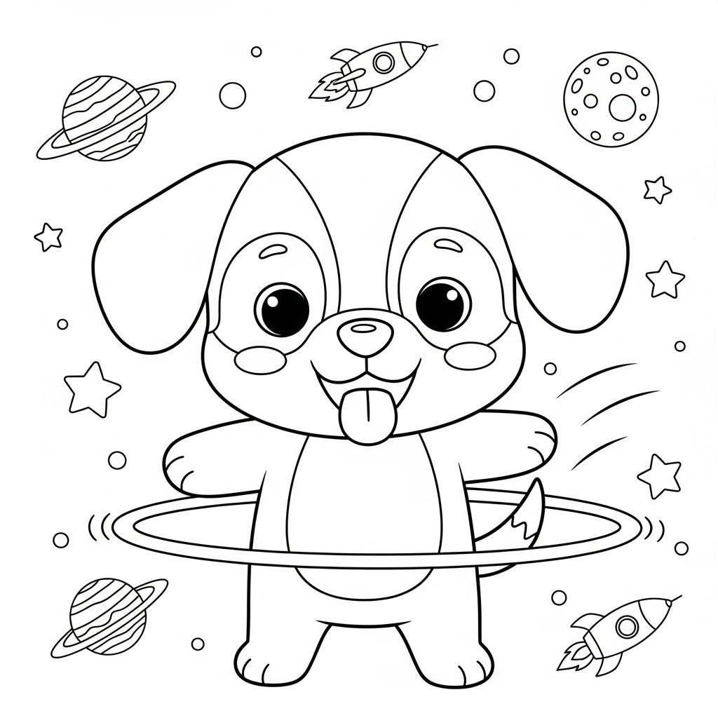 Desenho de cachorro para colorir brincando com bambolê entre planetas e foguete