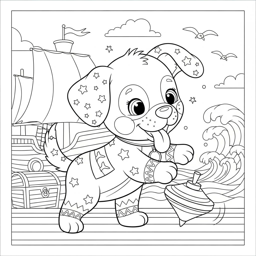 Desenho de cachorro para colorir brincando com pião em navio pirata