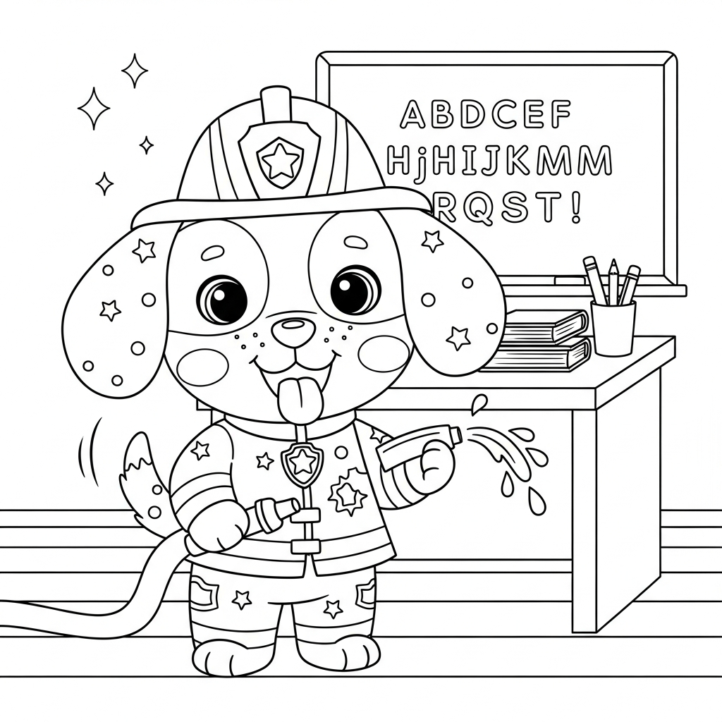 Desenho de cachorro para colorir vestido de bombeiro com mangueira na sala de aula
