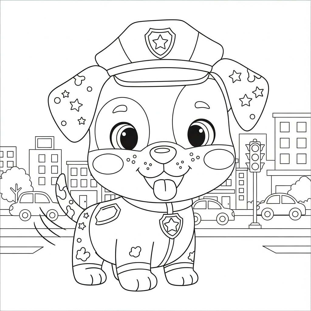 Desenho de cachorro para colorir vestido de policial com distintivo na rua da cidade.