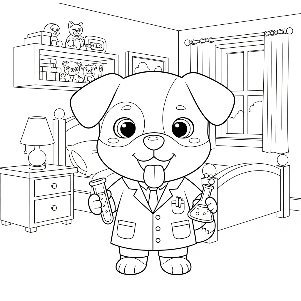 Desenho de cachorro para colorir vestido de cientista no quarto com brinquedos.