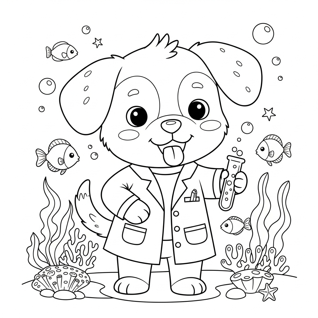 Desenho de cachorro para colorir vestido de cientista com tubo de ensaio no fundo do mar