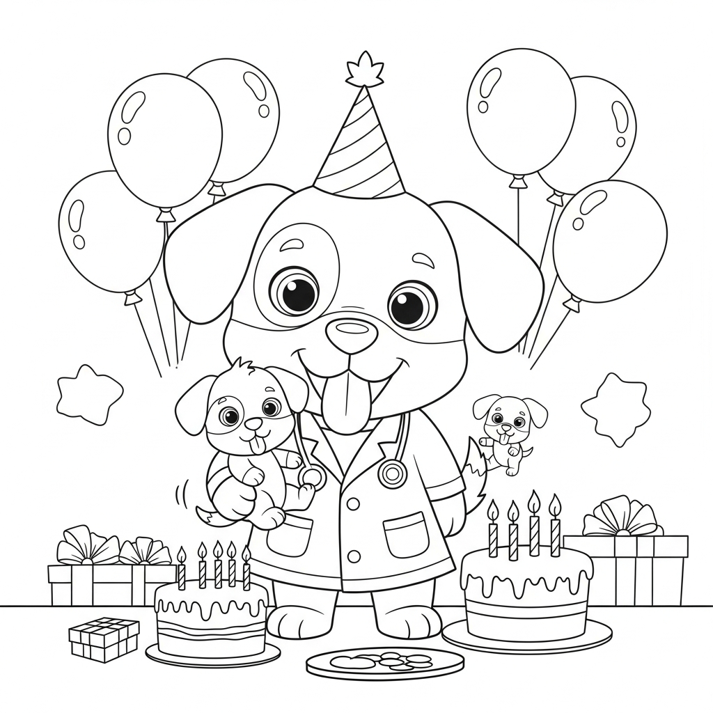 Desenho de cachorro para colorir vestido de veterinário com filhote em festa de aniversário
