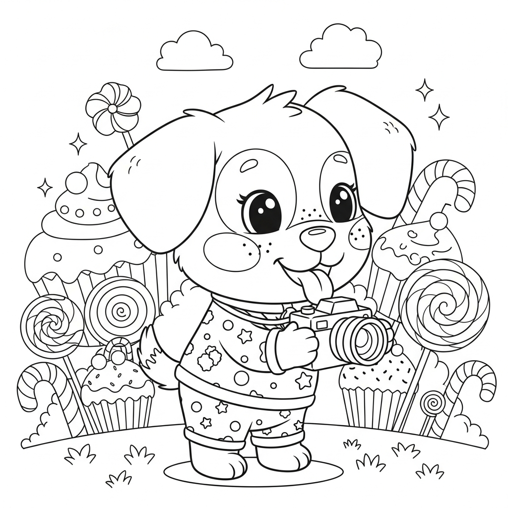 Desenho de cachorro para colorir vestido de fotógrafo com câmera na terra dos doces