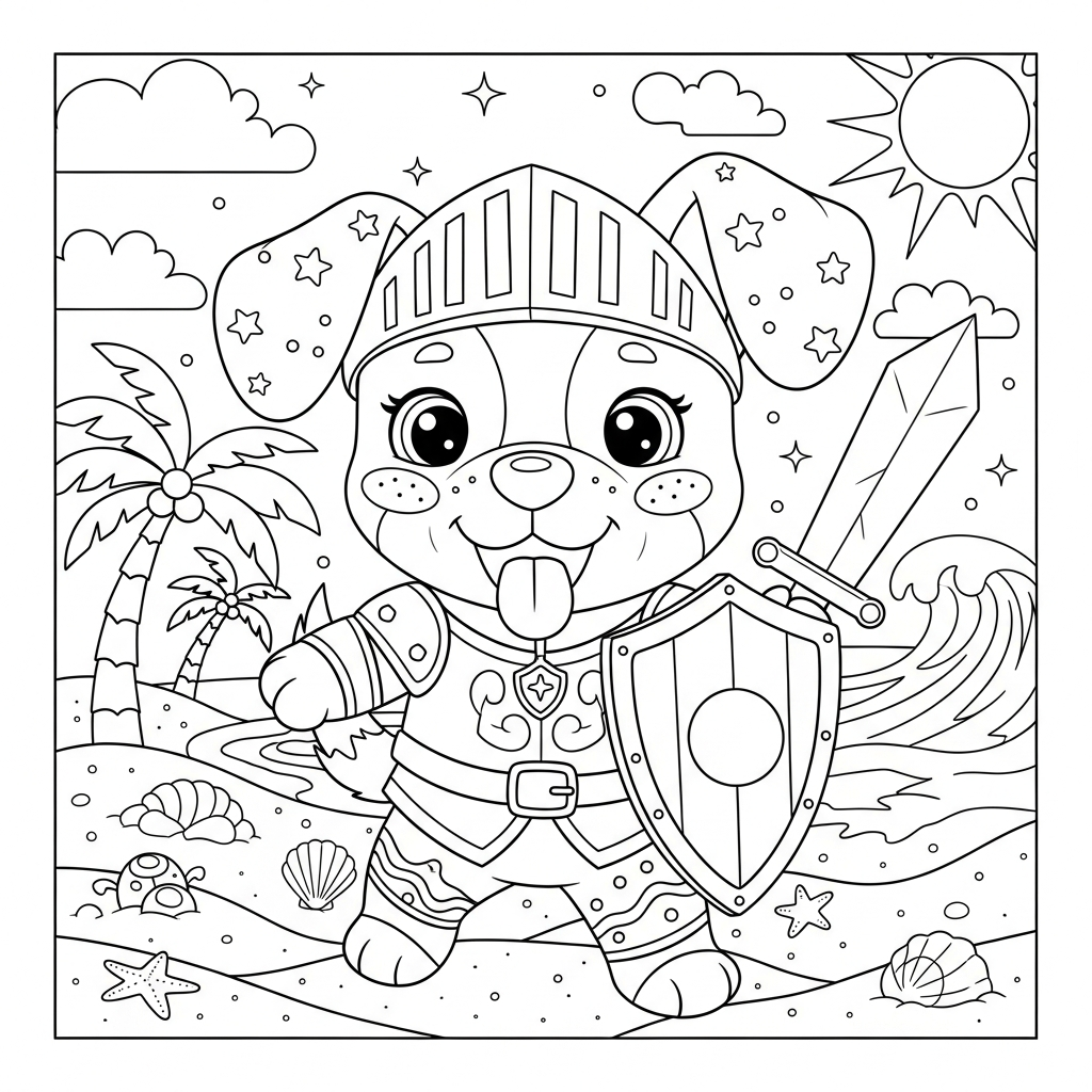 Desenho de cachorro para colorir vestido de cavaleiro na praia com palmeiras.