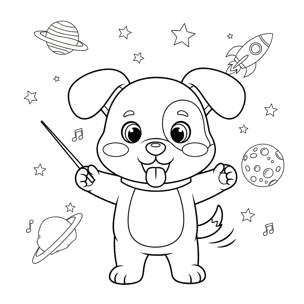 Desenho de cachorro para colorir regendo orquestra com batuta no espaço.