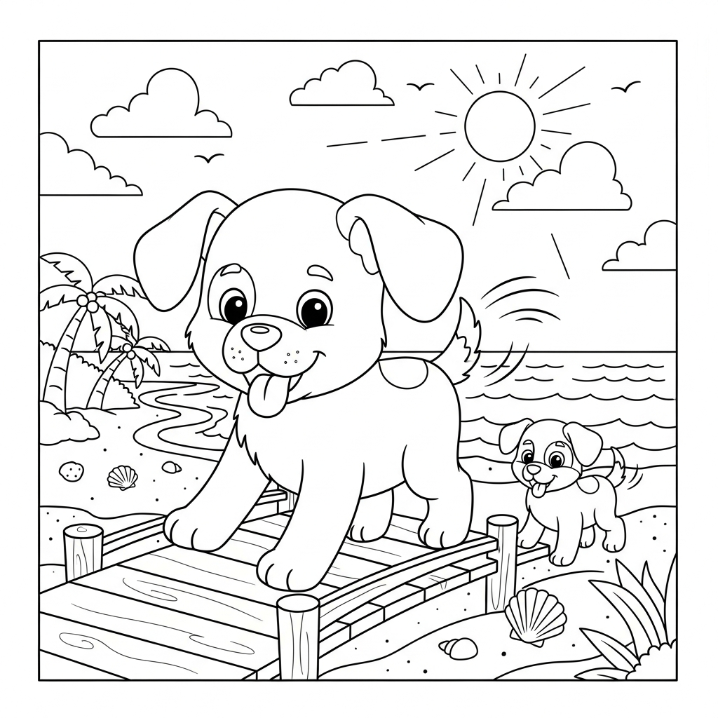 Desenho de cachorro para colorir atravessando ponte de madeira na praia com palmeiras