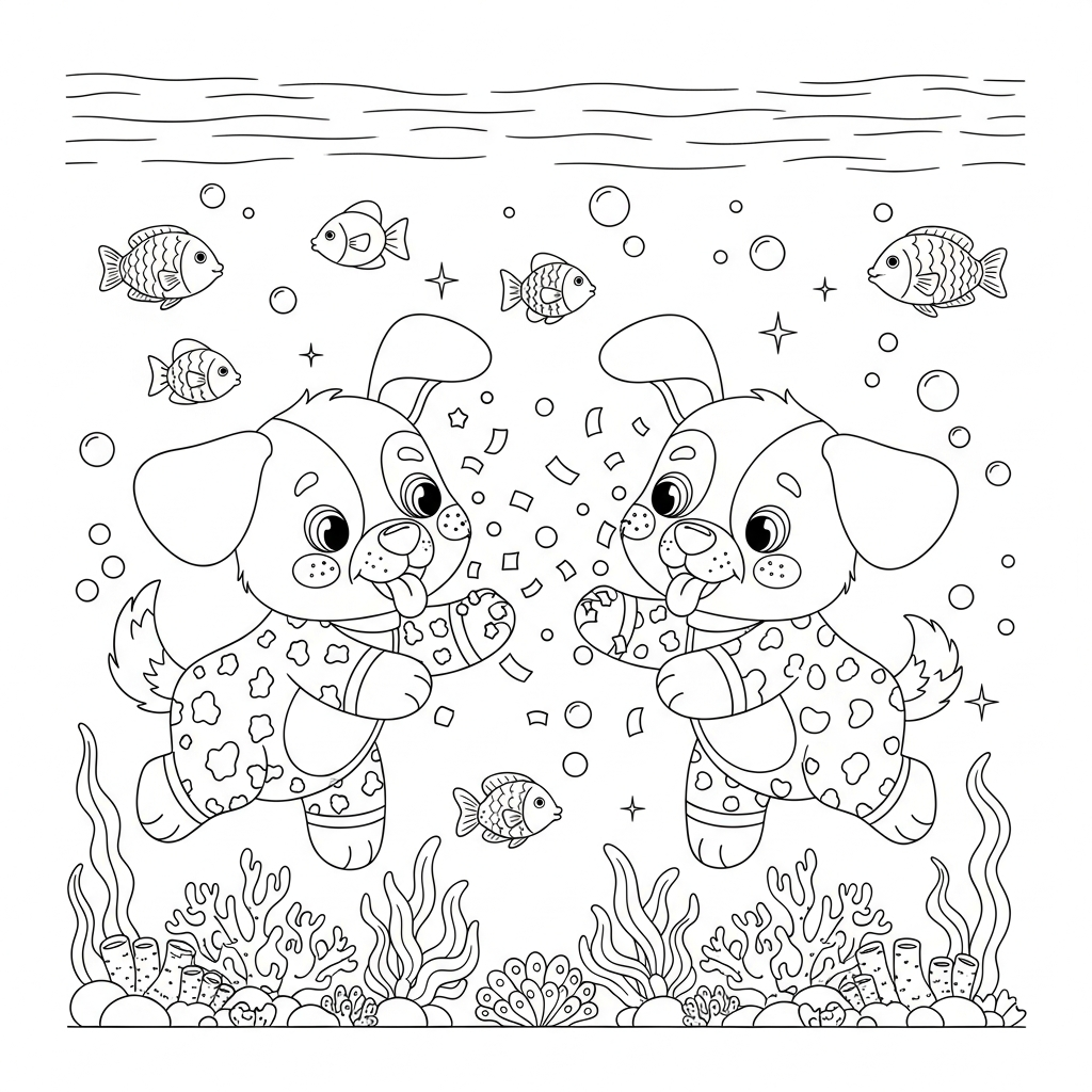 Desenho de cachorro para colorir estourando confete no fundo do mar com peixes e corais