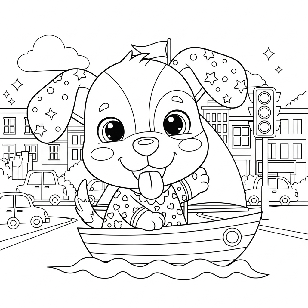 Desenho de cachorro para colorir dirigindo barco a vela na rua da cidade.