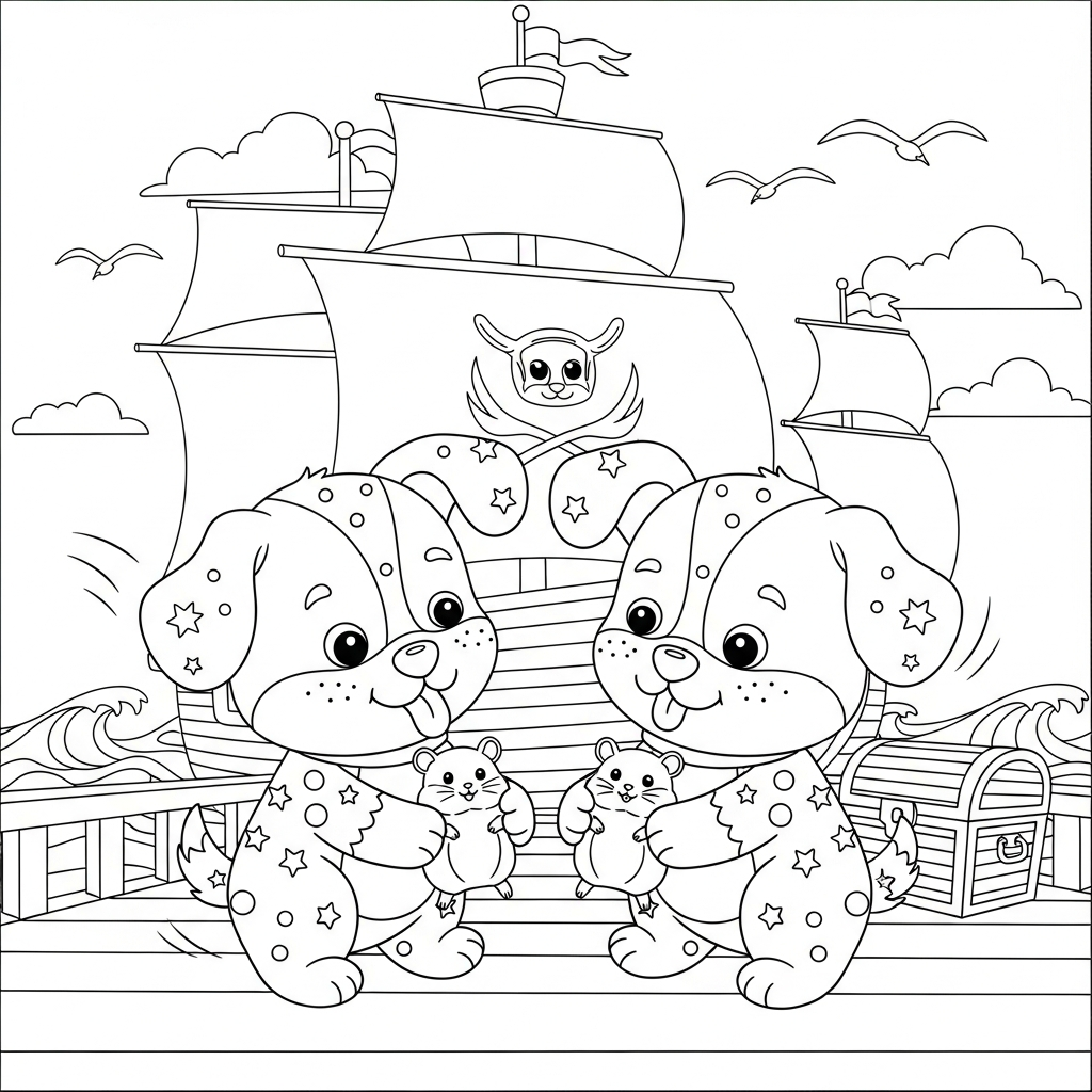 Desenho de cachorro para colorir brincando com hamster na mão em navio pirata