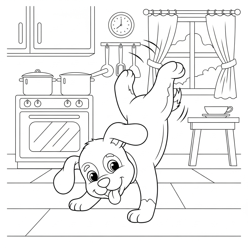 Desenho de cachorro para colorir dando uma estrela acrobática na cozinha com forno e panelas.