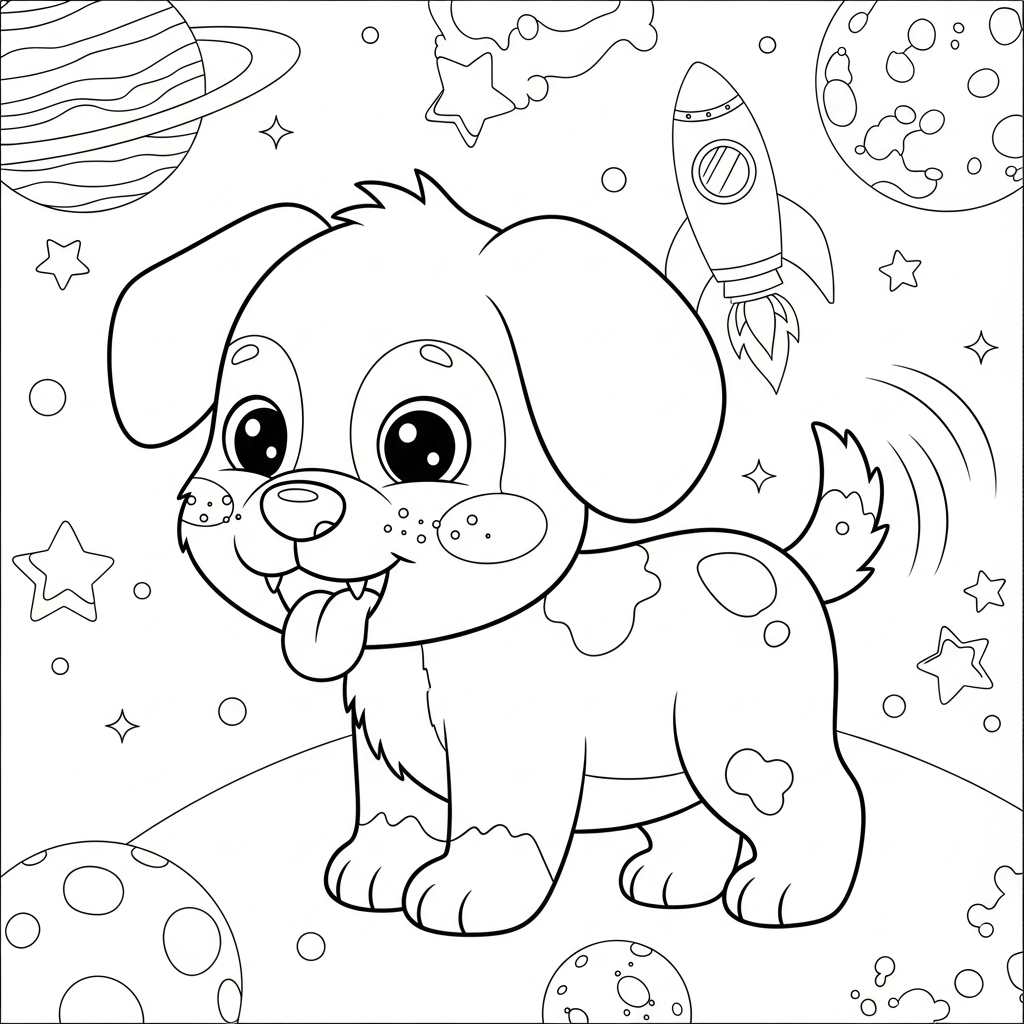 Desenho de cachorro para colorir como monstrinho fofo sorridente no espaço com planetas e foguete