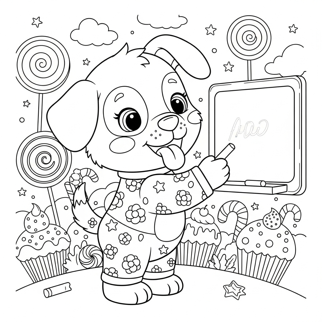 Desenho de cachorro para colorir escrevendo com giz em quadro-negro na terra dos doces