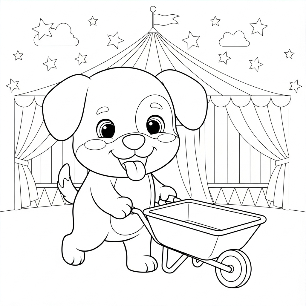 Desenho de cachorro para colorir empurrando carrinho de mão no circo com tenda.
