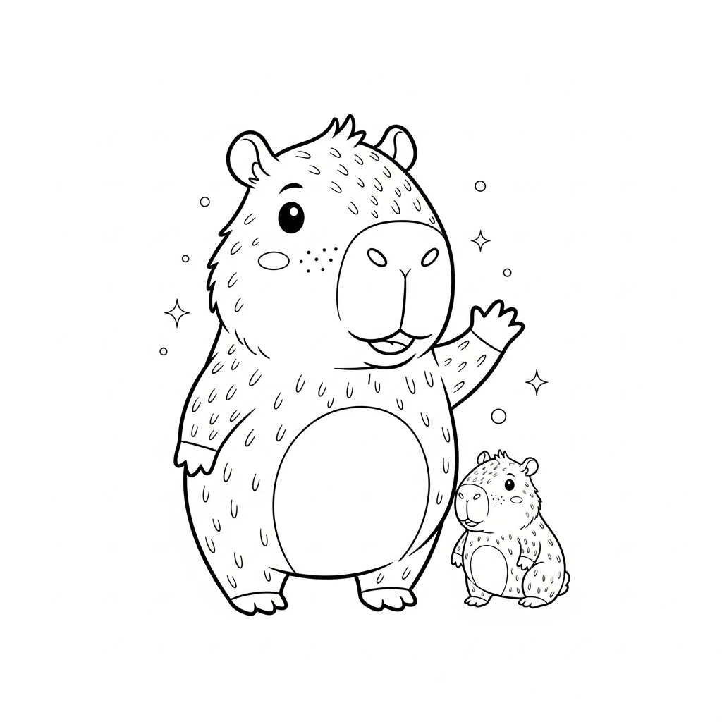 Desenho de capivara para colorir em pé acenando com sorriso alegre