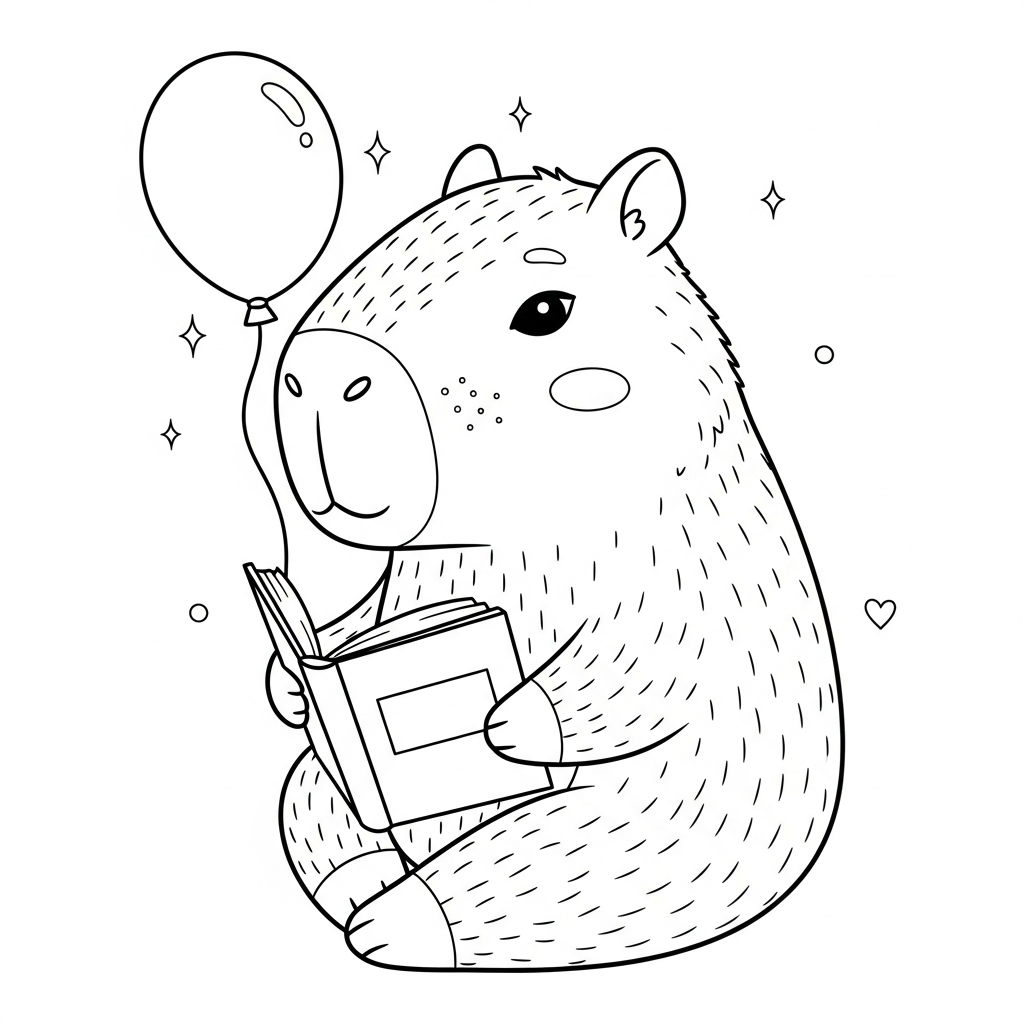 Desenho de capivara para colorir sentado de pernas cruzadas lendo livro com lápis.