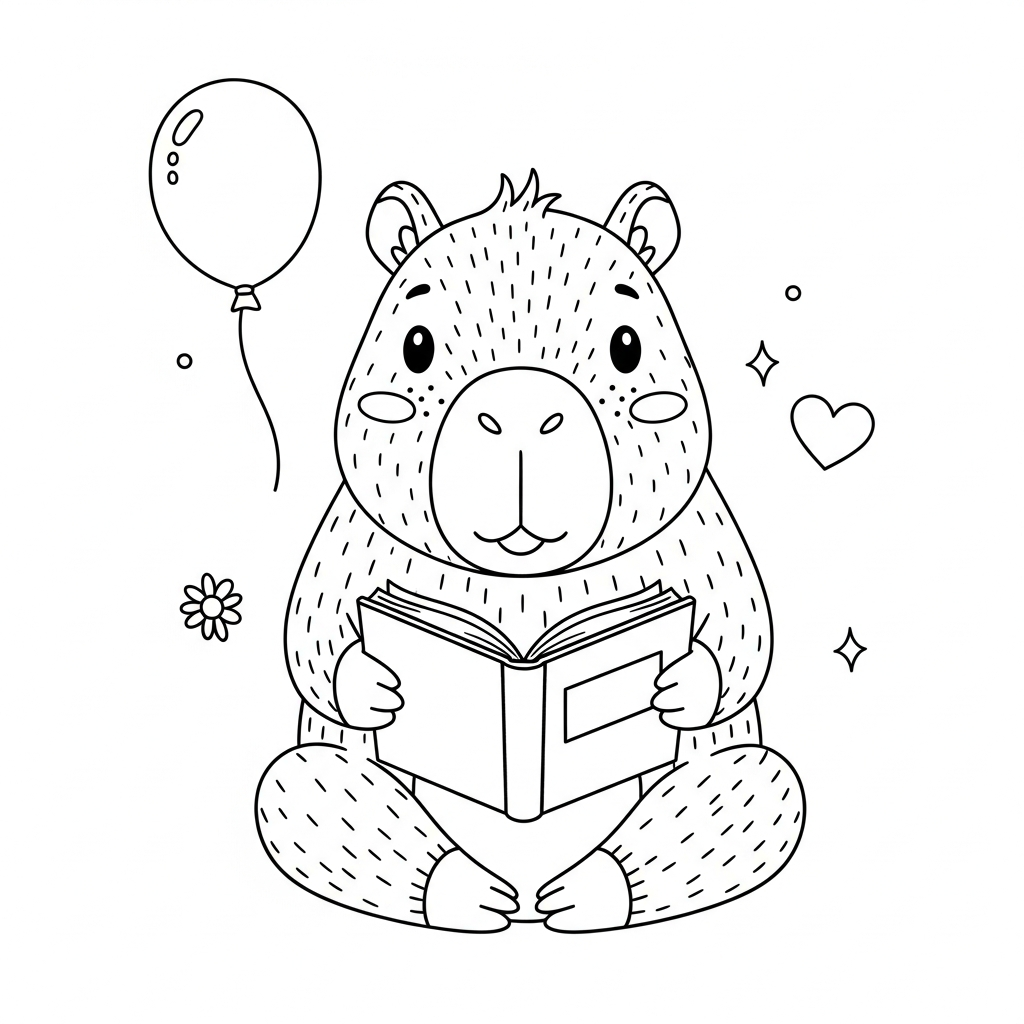 Desenho de capivara para colorir sentado de pernas cruzadas lendo livro com lápis.