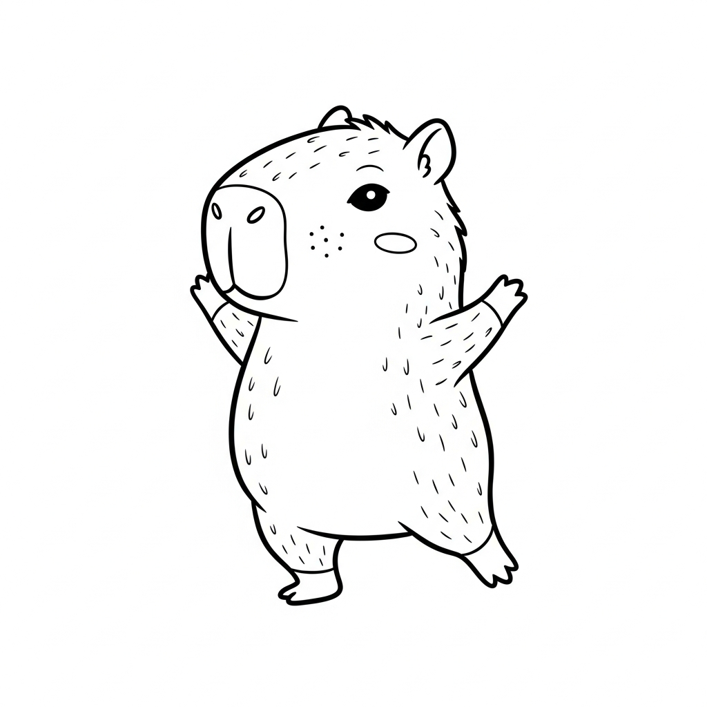 Desenho de capivara para colorir dançando alegremente com os braços para cima