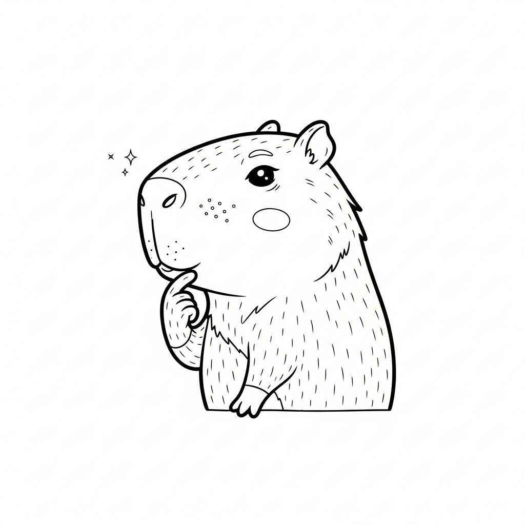 Desenho de capivara para colorir pensativo com dedo no queixo