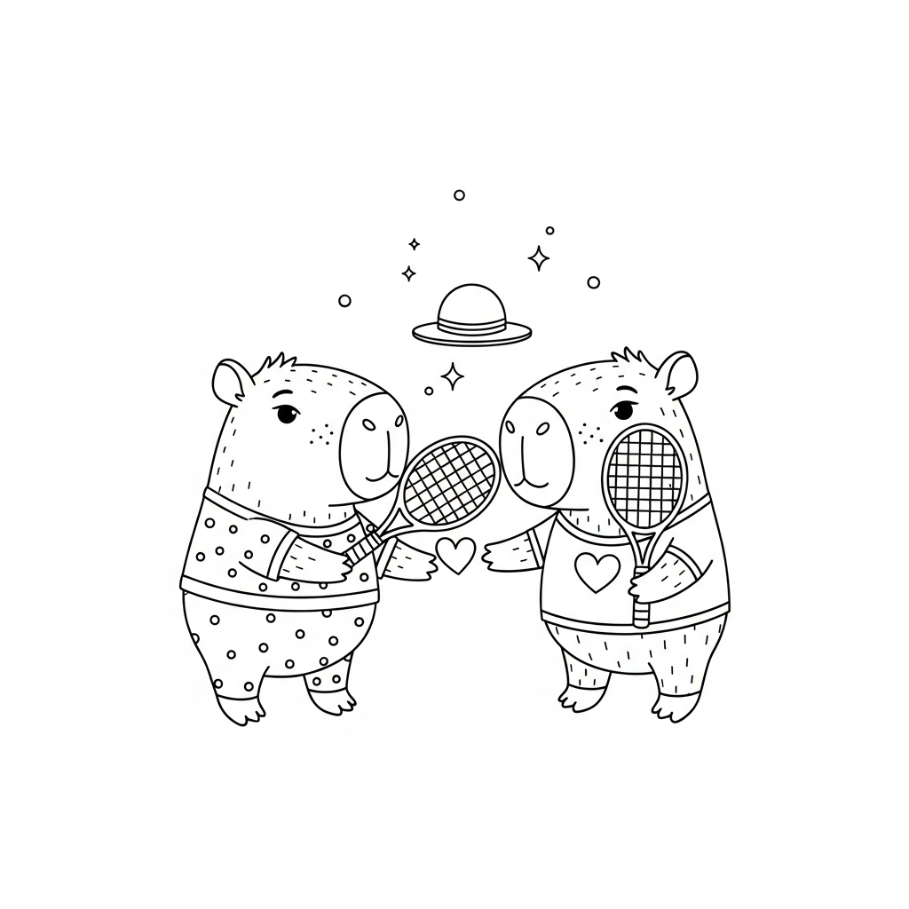 Desenho de capivara para colorir sacando com raquete de tênis ao lado de uma bola