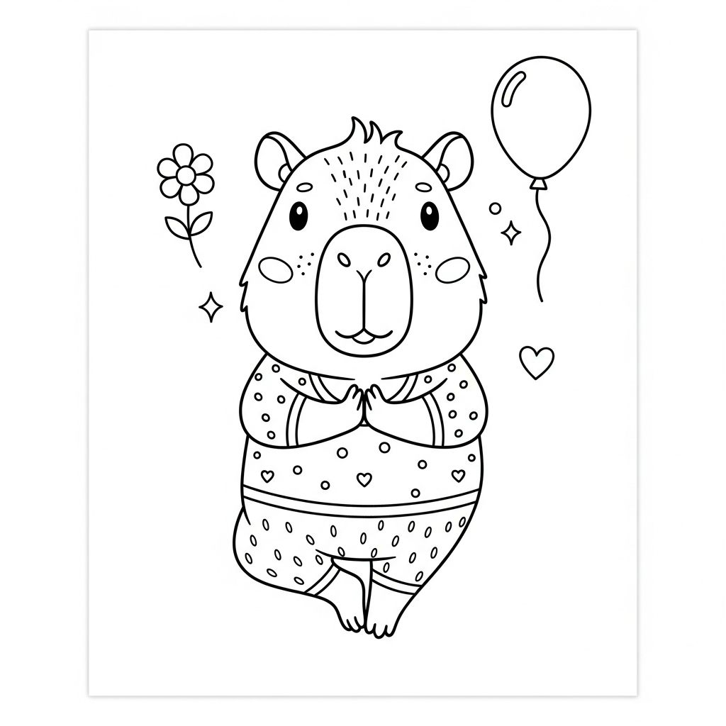 Desenho de capivara para colorir praticando ioga na pose da árvore com tapete pequeno