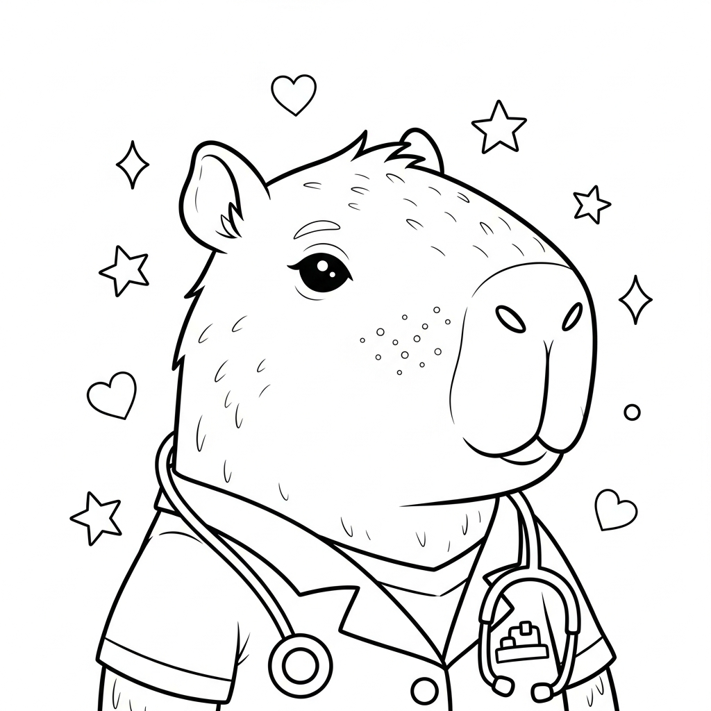 Desenho de capivara para colorir vestido de médico com estetoscópio, estrelinhas e corações.