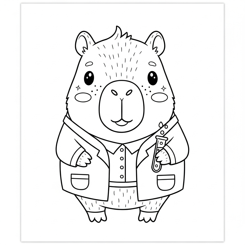 Desenho de capivara para colorir vestido de cientista com tubo de ensaio