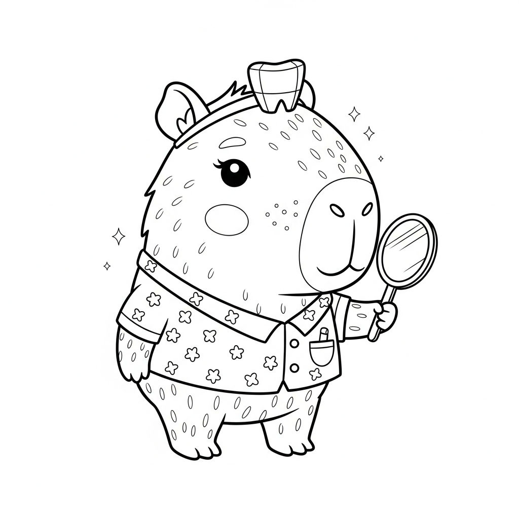 Desenho de capivara para colorir vestido de dentista com espelhinho