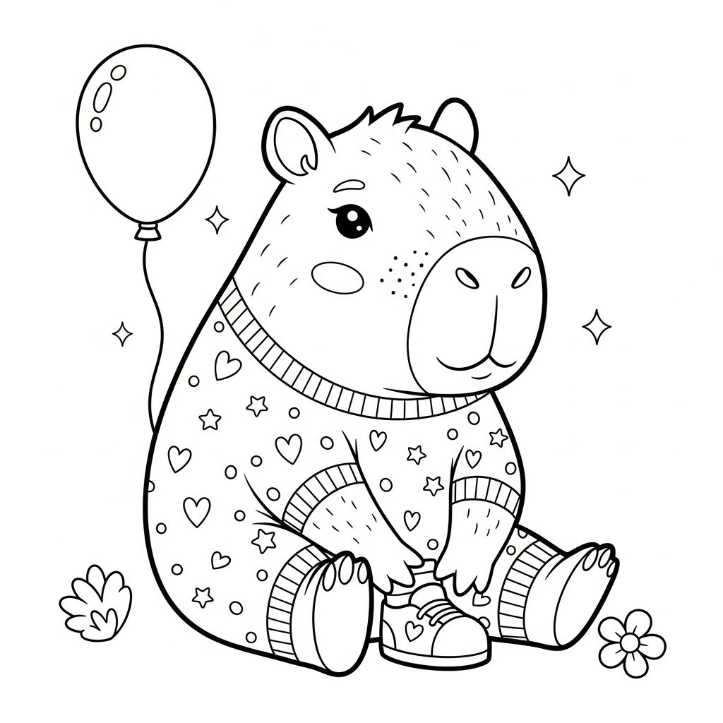 Desenho de capivara para colorir colocando os sapatos sentada perto de uma bola.