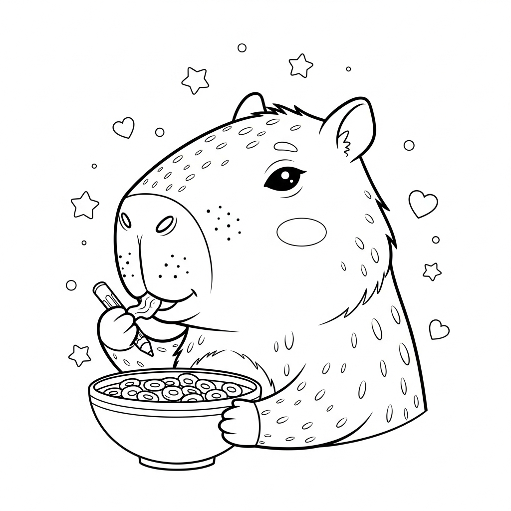 Desenho de capivara para colorir comendo cereal na tigela entre estrelinhas e corações