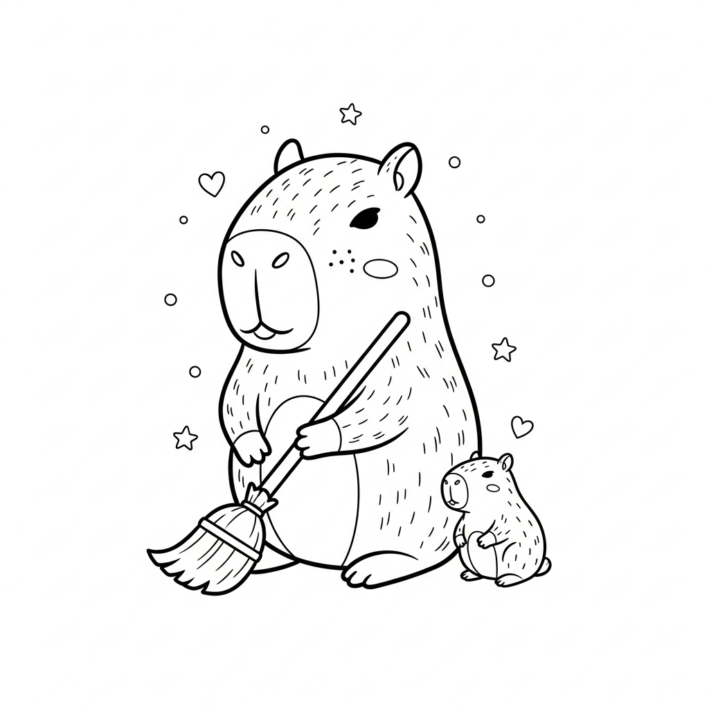 Desenho de capivara para colorir varrendo o chão com estrelinhas e corações decorativos.