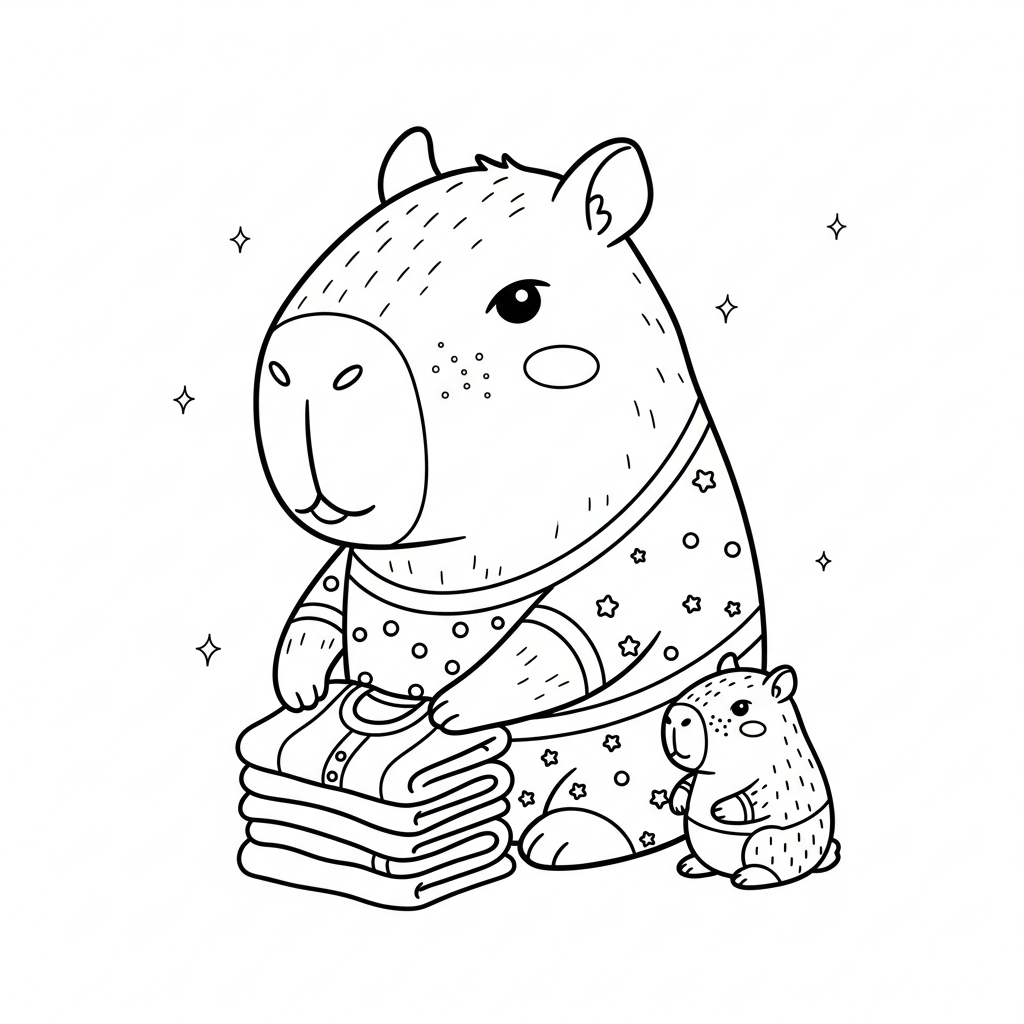 Desenho de capivara para colorir dobrando roupas em uma pilha organizada