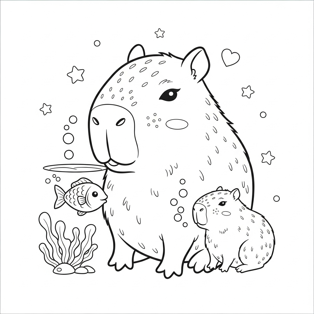 Desenho de capivara para colorir alimentando peixinhos no aquário com estrelinhas e corações