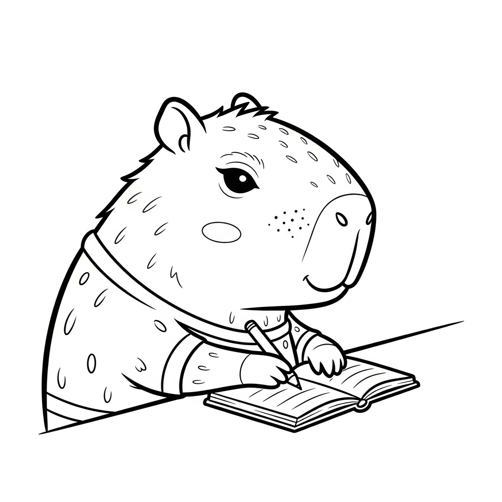 Desenho de capivara para colorir escrevendo no caderno sobre a mesa