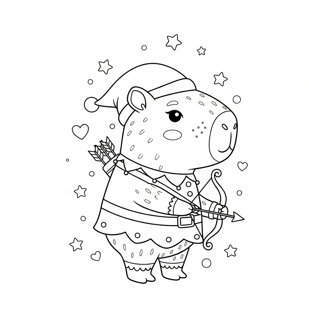 Desenho de capivara para colorir vestido de elfo com arco, flecha, estrelinhas e corações