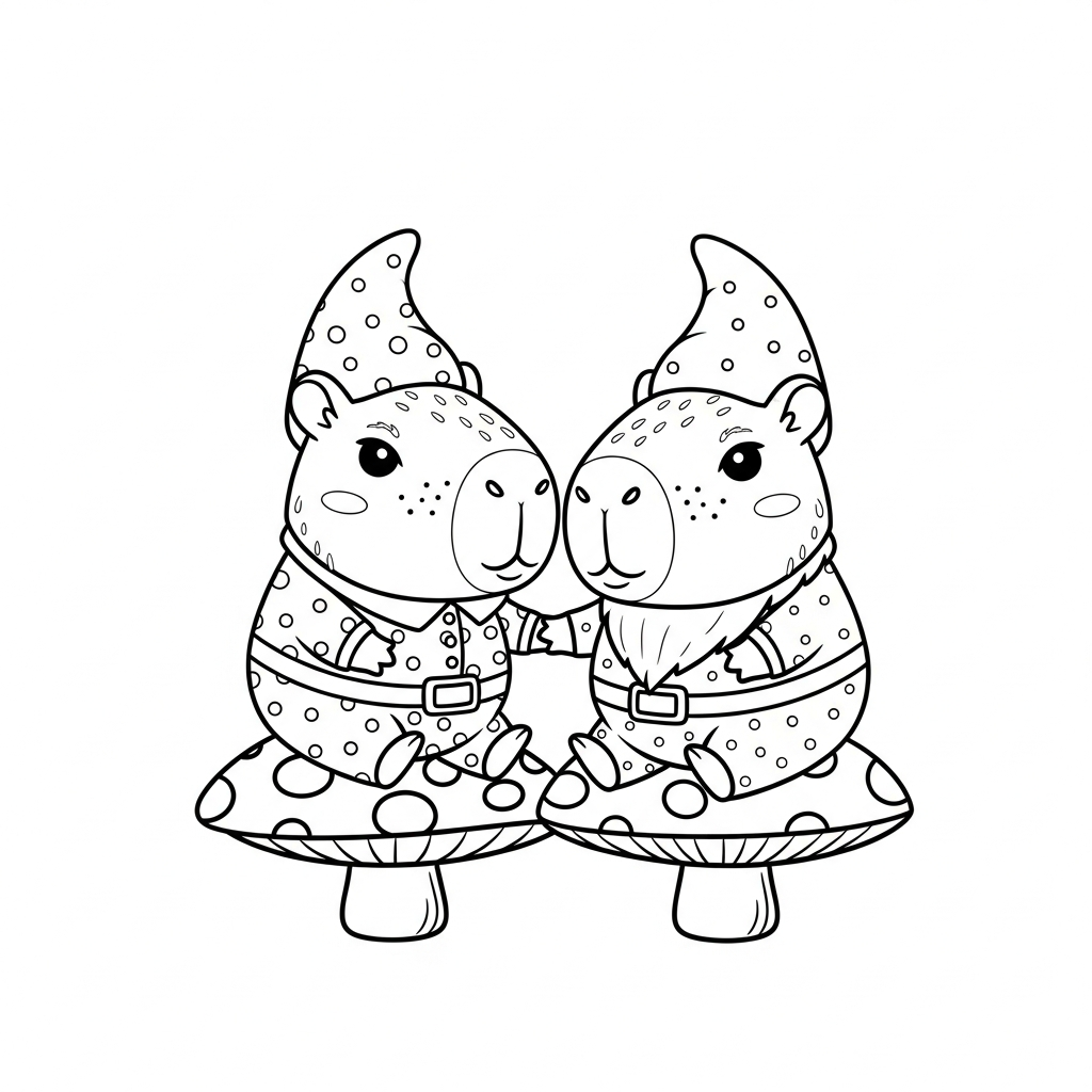 Desenho de capivara para colorir vestido de duende sentado em cogumelo