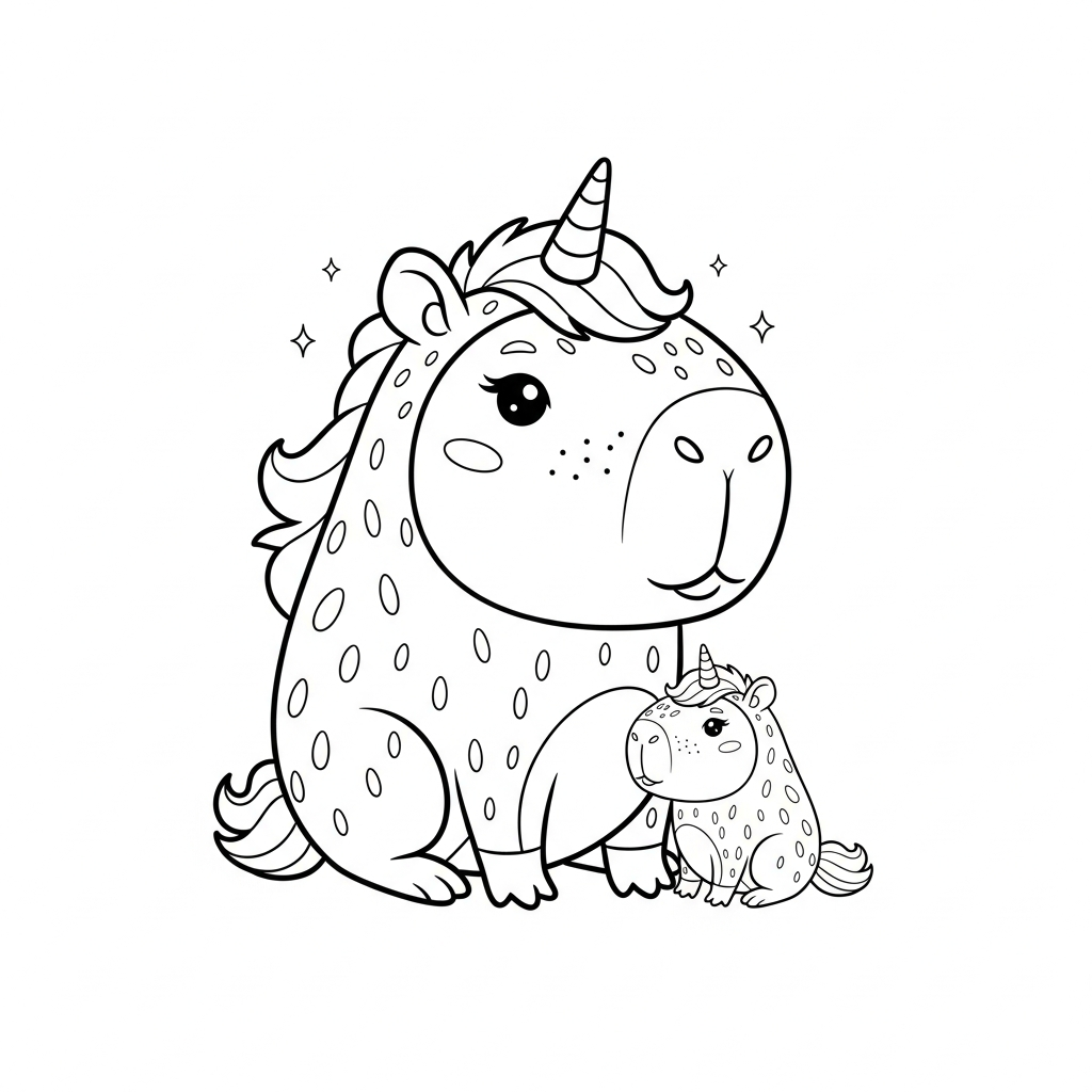 Desenho de capivara para colorir vestido de unicórnio com chifre e crina ondulada