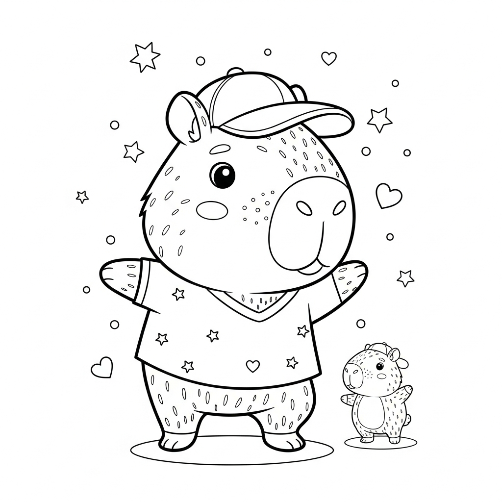 Desenho de capivara para colorir dançando hip-hop com chapéu, estrelinhas e corações.