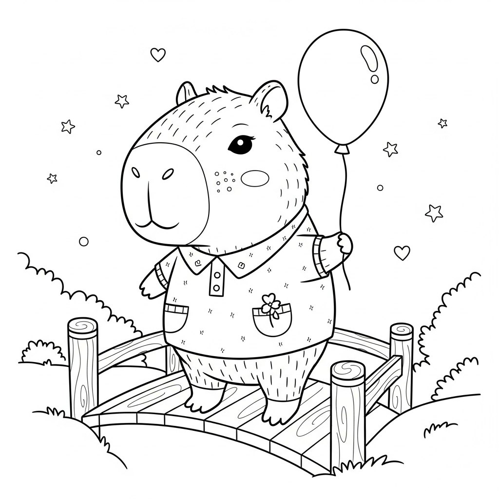 Desenho de capivara para colorir atravessando ponte de madeira com pedrinha.