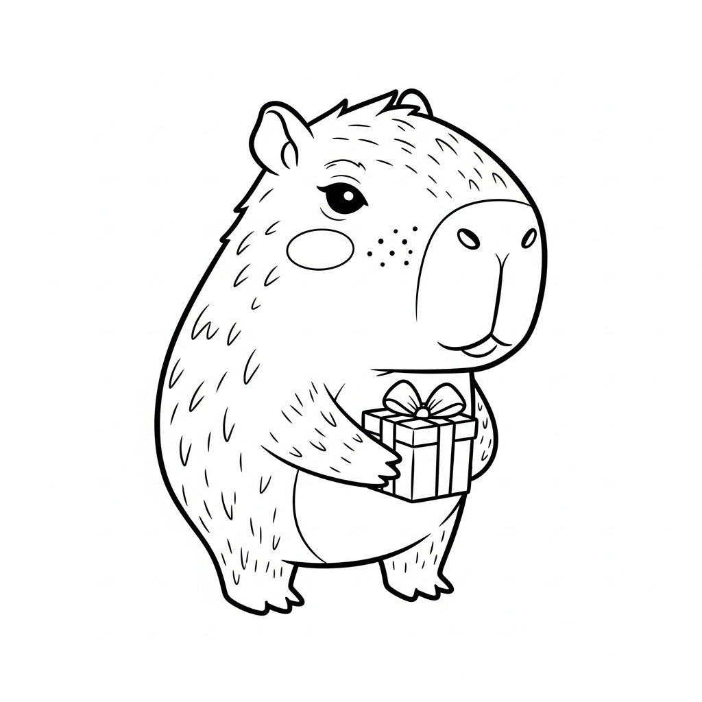 Desenho de capivara para colorir entregando presente de natal embrulhado ao lado de estrela