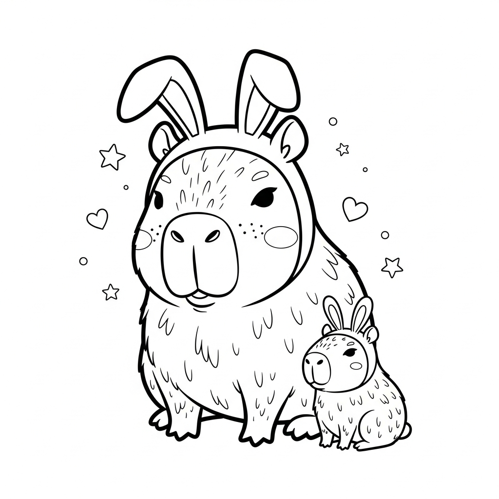 Desenho de capivara para colorir disfarçada de coelho com estrelas e corações
