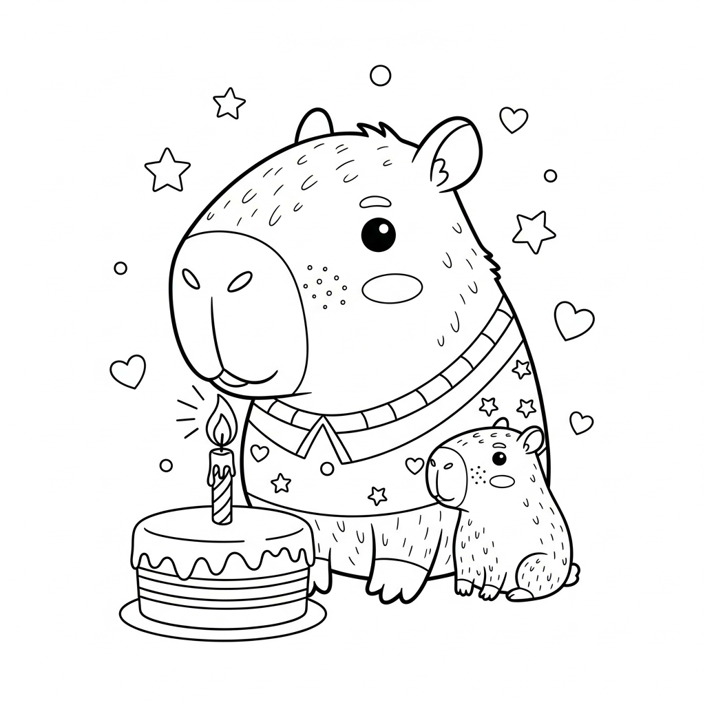 Desenho de capivara para colorir acendendo vela em bolo, com estrelinhas e corações