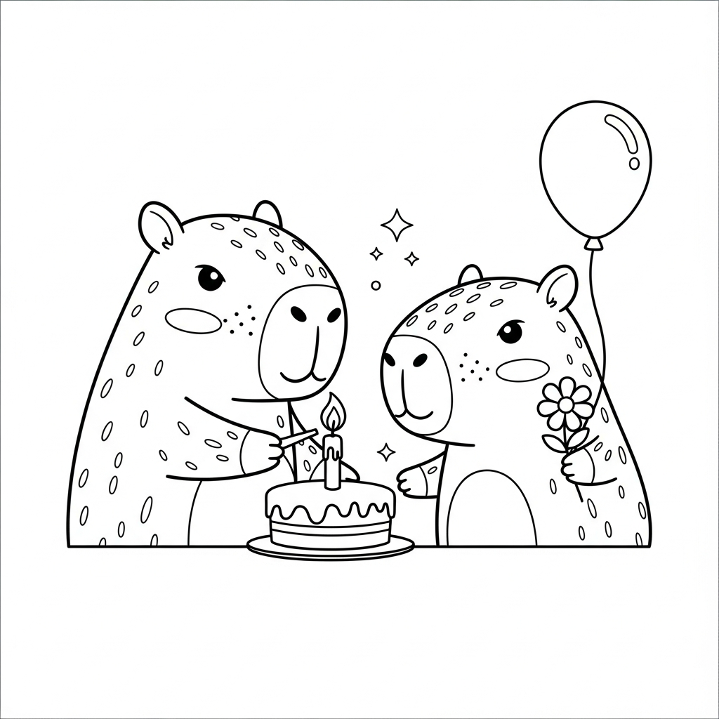 Desenho de capivara para colorir acendendo vela em bolo com balão pequeno.