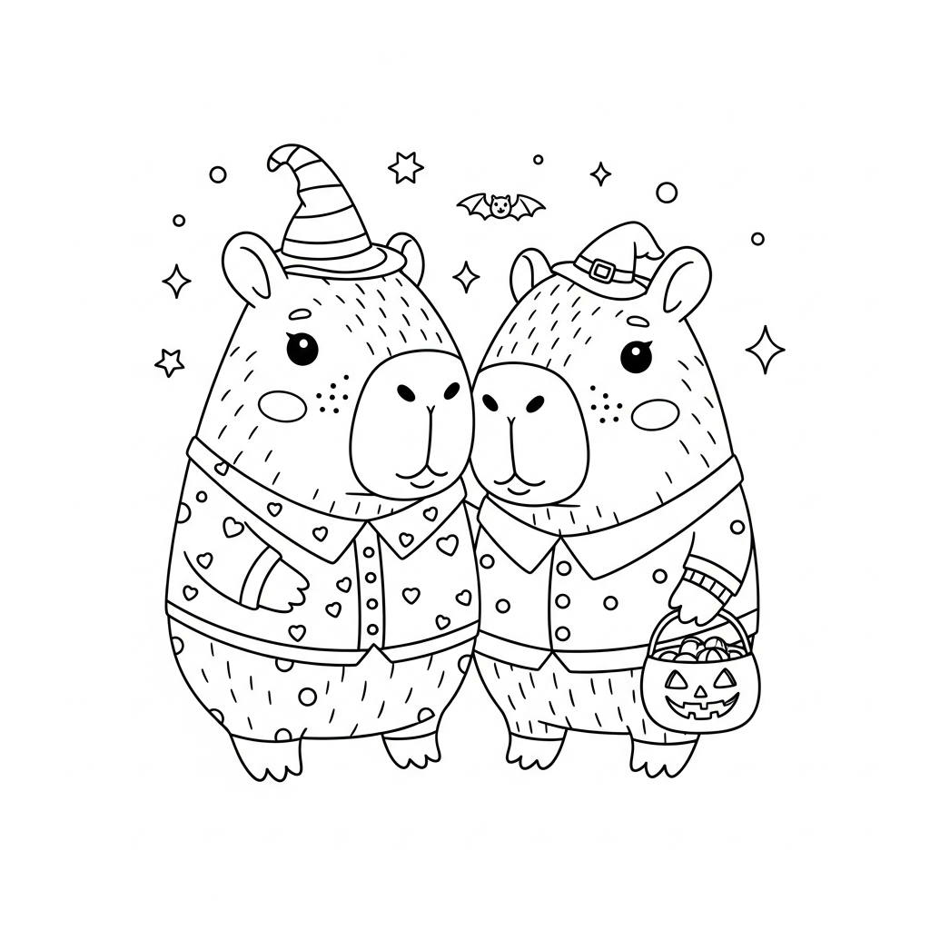 Desenho de capivara para colorir trocando guloseima de Halloween com cesta