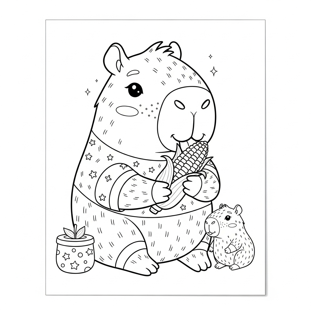 Desenho de capivara para colorir comendo milho na espiga em festa junina