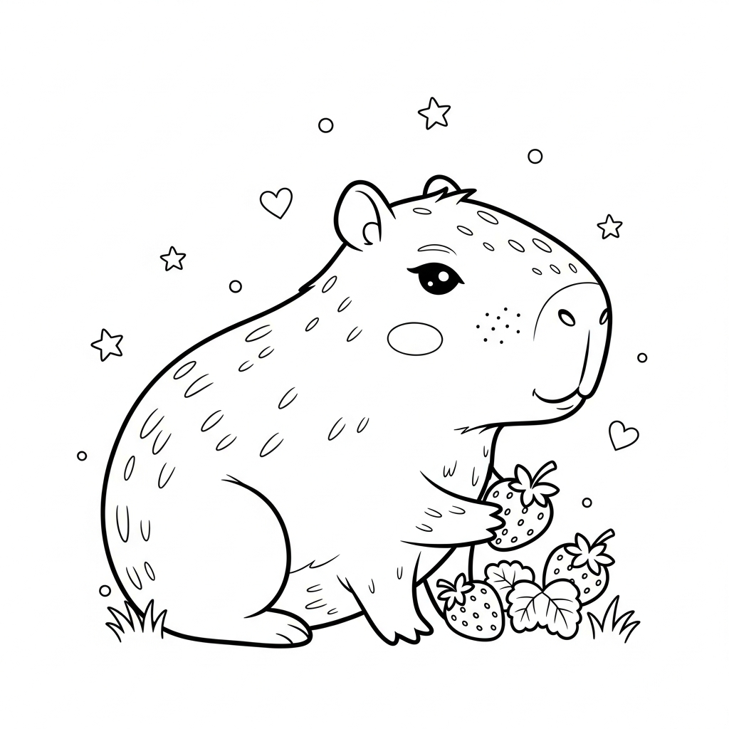 Desenho de capivara para colorir colhendo morangos, com estrelinhas e corações decorativos.