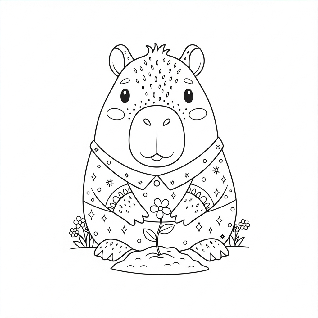 Desenho de capivara para colorir plantando semente no canteiro com pazinha