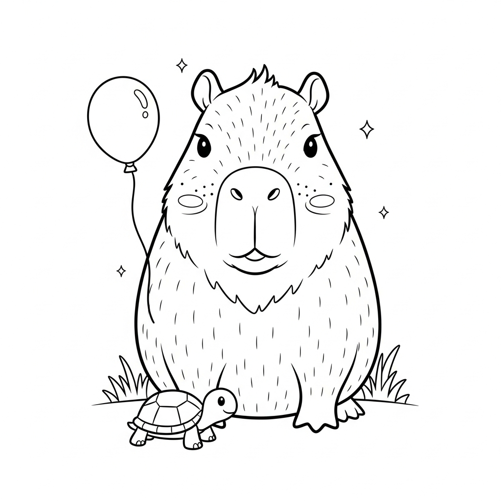 Desenho de Capivara para colorir, brincando com tartaruga no chão
