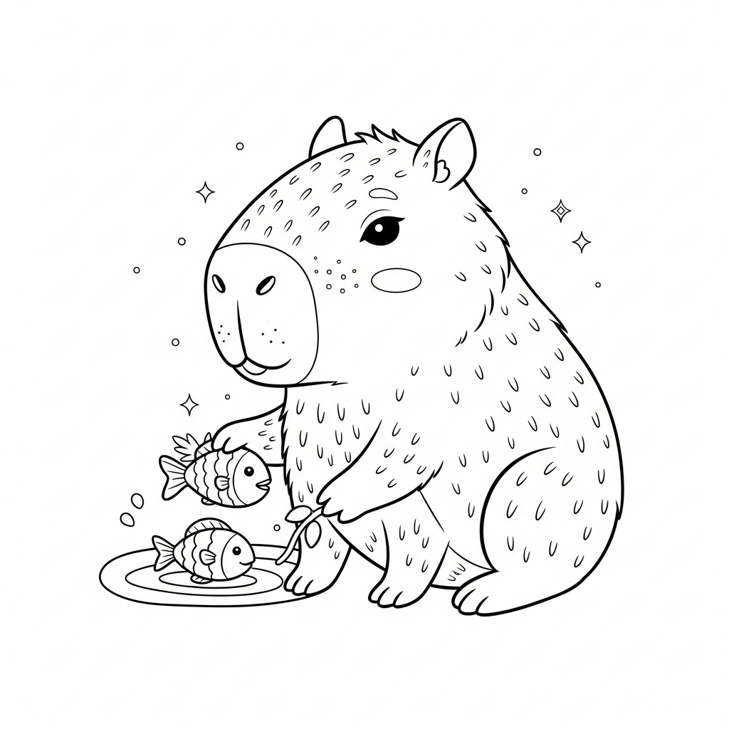 Desenho de Capivara para colorir, alimentando peixinhos em lagoa