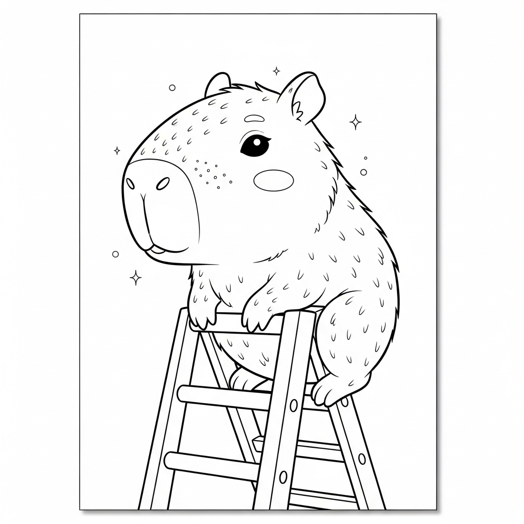 Desenho de Capivara para colorir, subindo em escada de mão